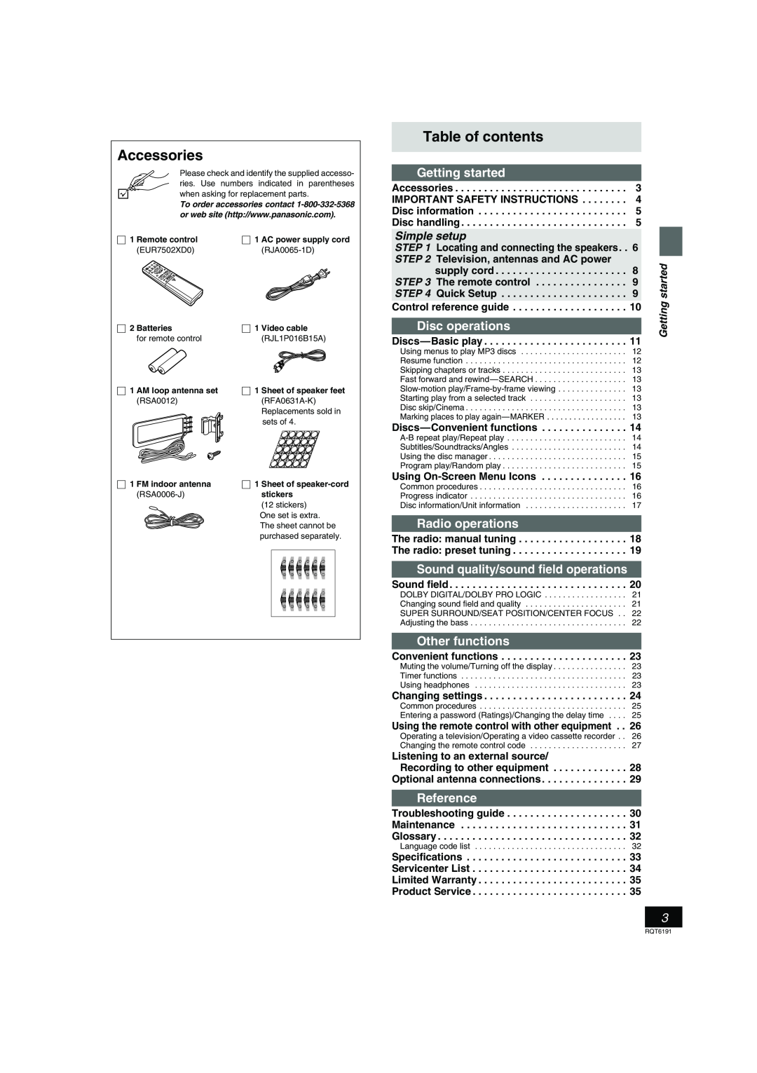 Panasonic SC-HT67 Accessories, Table of contents, Getting started, Disc operations, Radio operations, Other functions 