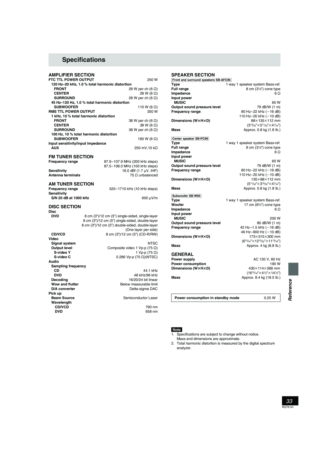 Panasonic SC-HT67 Specifications, Amplifier Section, Fm Tuner Section, Am Tuner Section, Disc Section, Speaker Section 