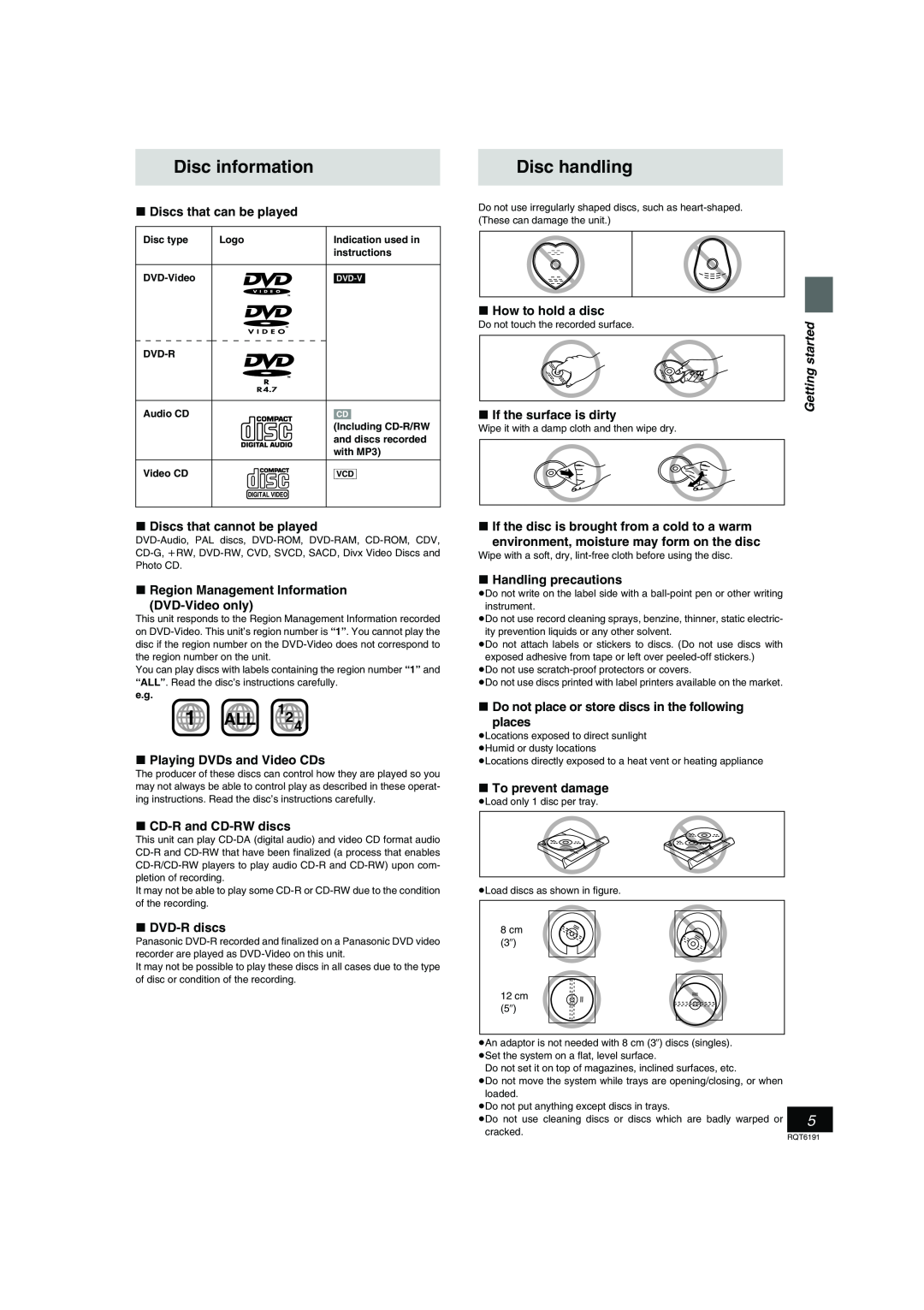 Panasonic SC-HT67 warranty Disc information, Disc handling, 1ALL, Getting started 