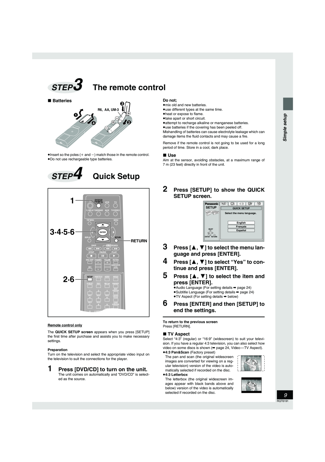Panasonic SC-HT67 The remote control, Quick Setup, Press DVD/CD to turn on the unit, 3·4·5·6, Simple setup, Do not, Return 