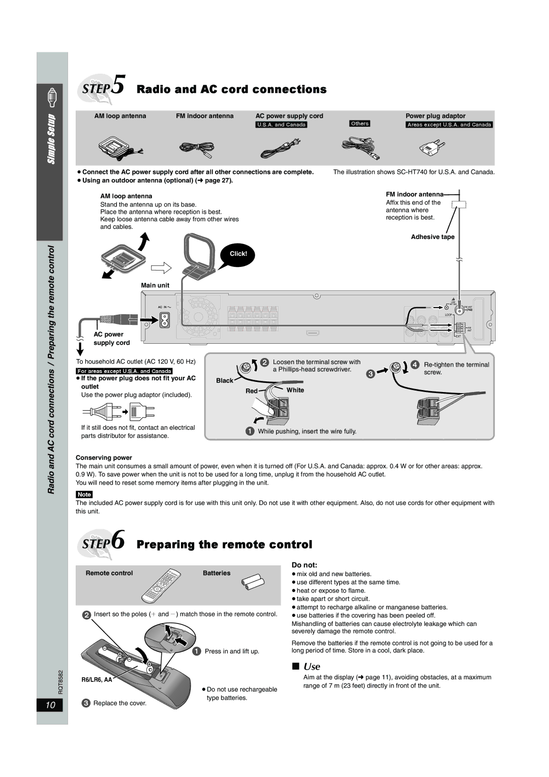 Panasonic SC-HT740, SC-HT940 operating instructions Use, Preparing the remote control, AC cord connections, Radio, Do not 