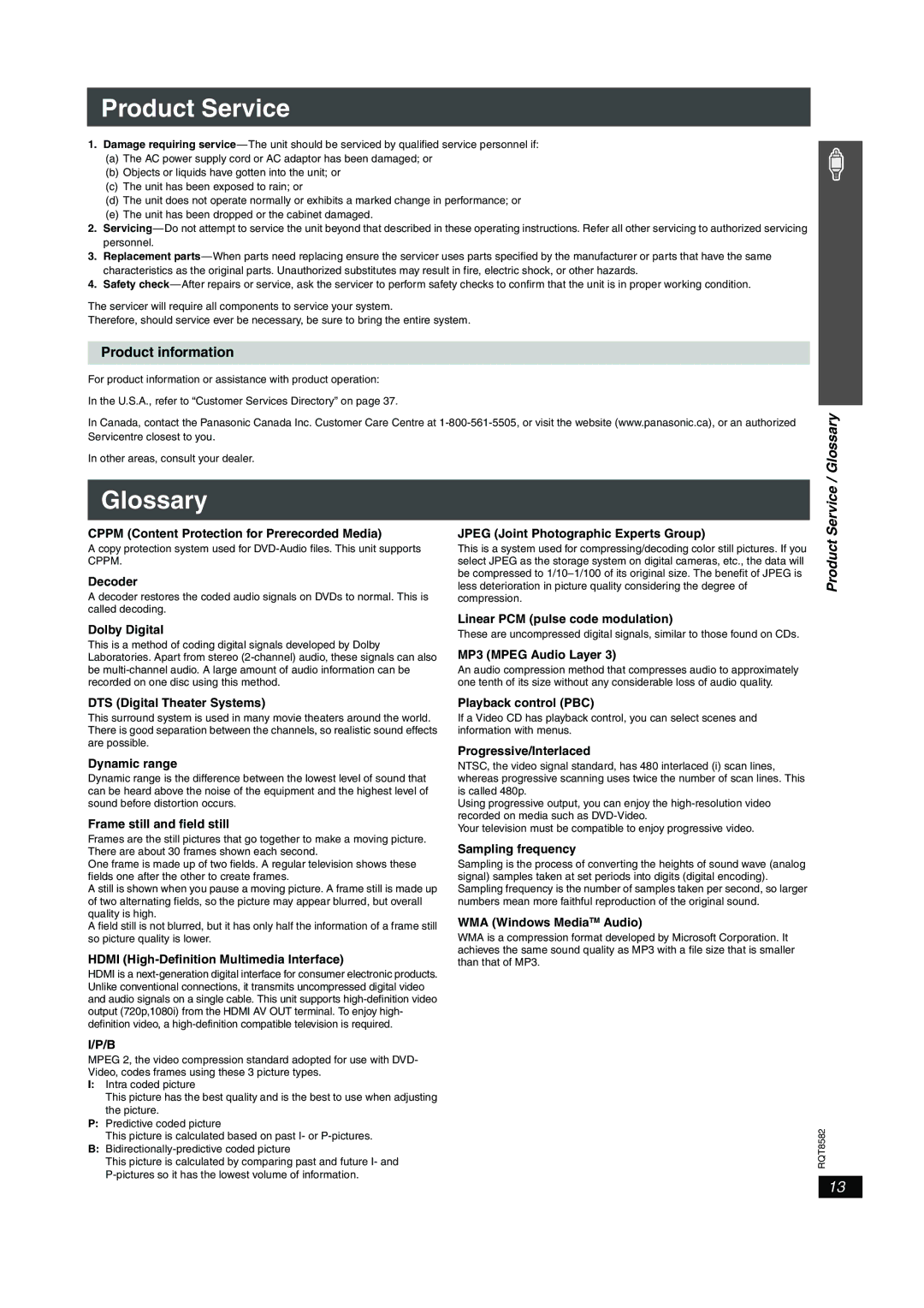 Panasonic SC-HT940, SC-HT740 operating instructions Product Service, Glossary, Product information 