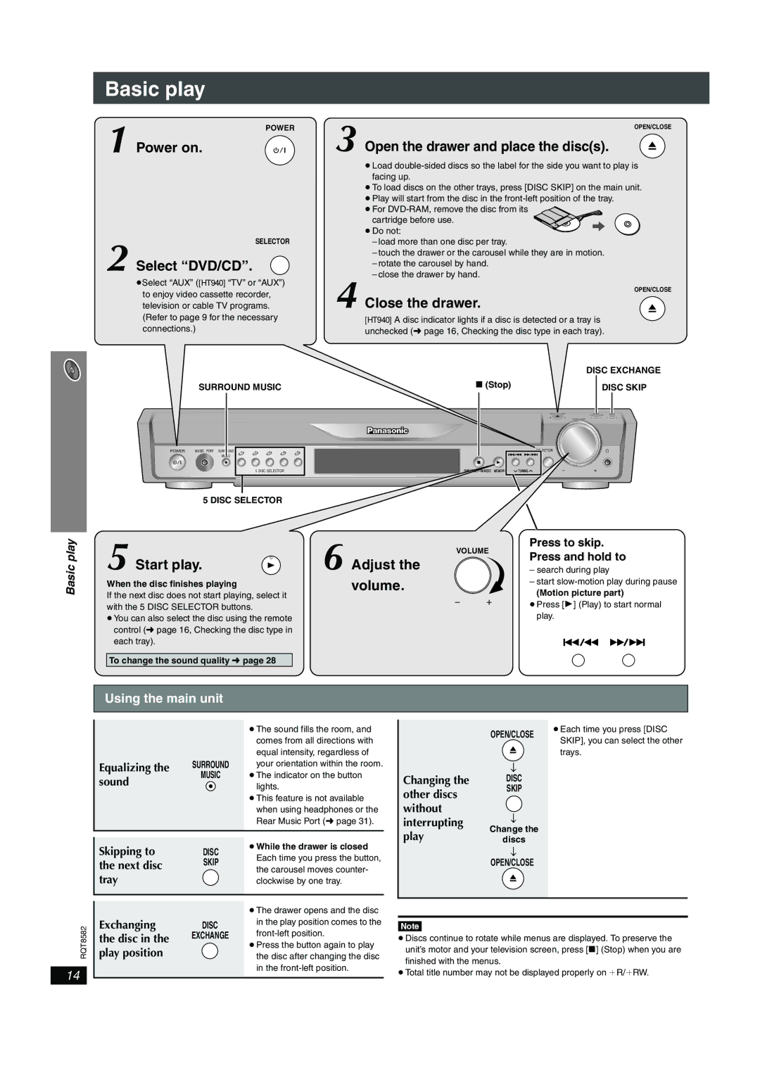 Panasonic SC-HT740, SC-HT940 Basic play, Using the main unit, Press to skip Press and hold to, Disc Selector 