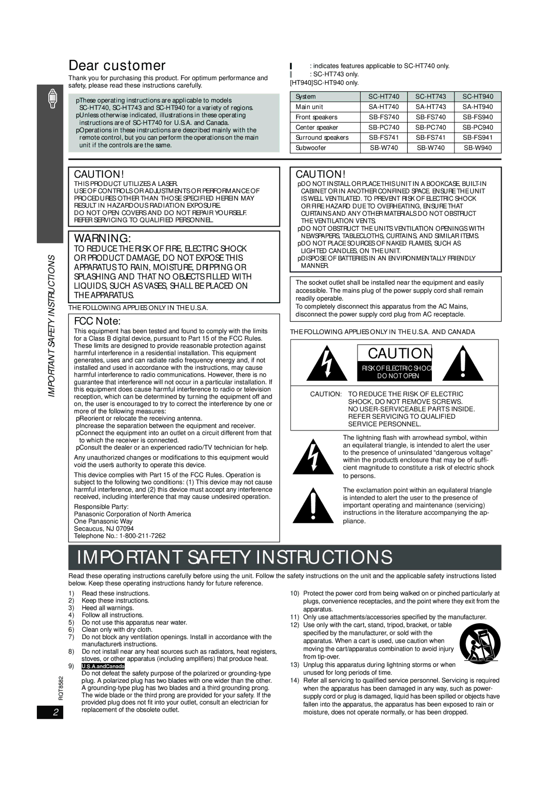 Panasonic SC-HT740, SC-HT940 operating instructions Following Applies only in the U.S.A. and Canada 