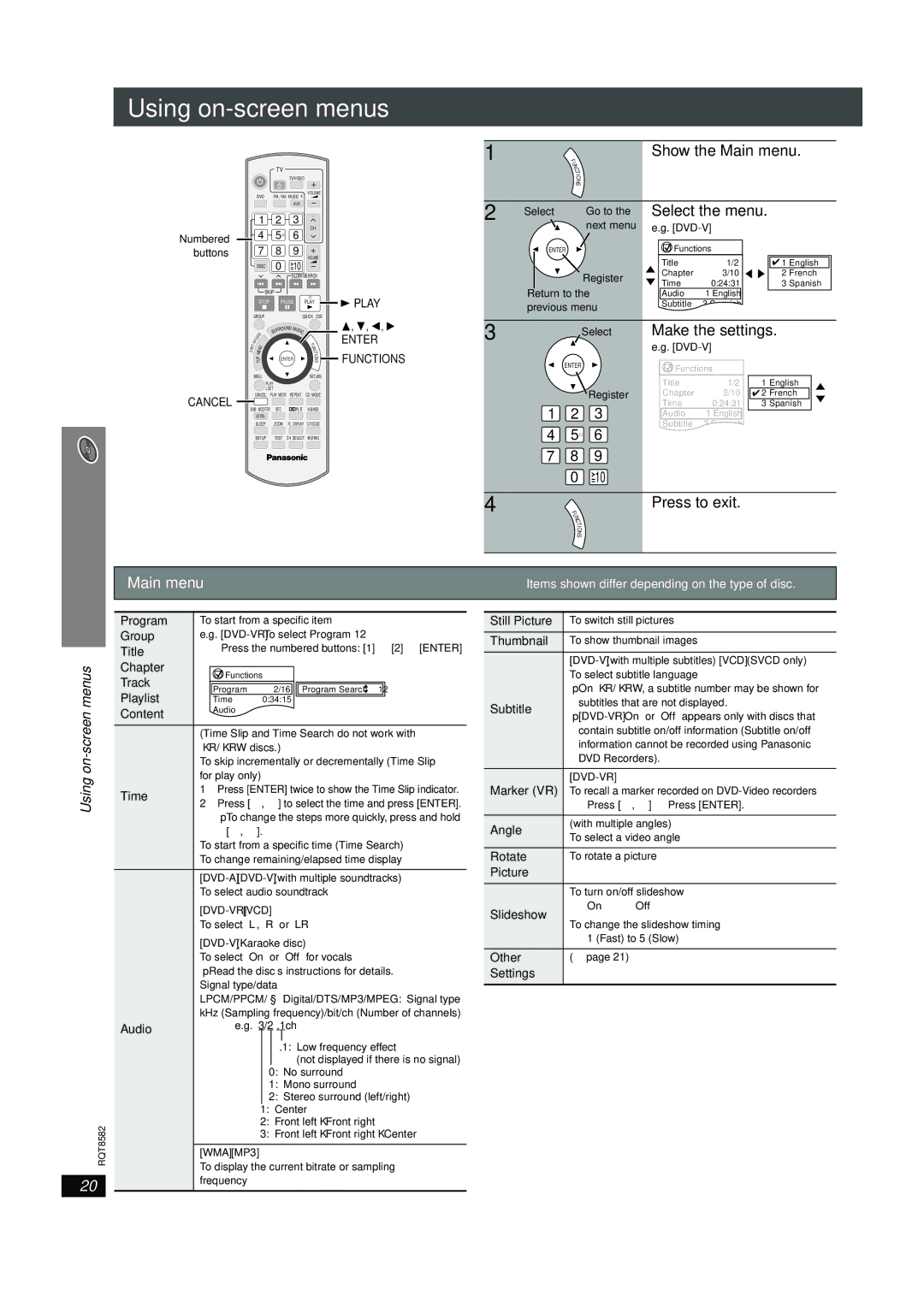 Panasonic SC-HT740, SC-HT940 operating instructions Using on-screen menus, Main menu 