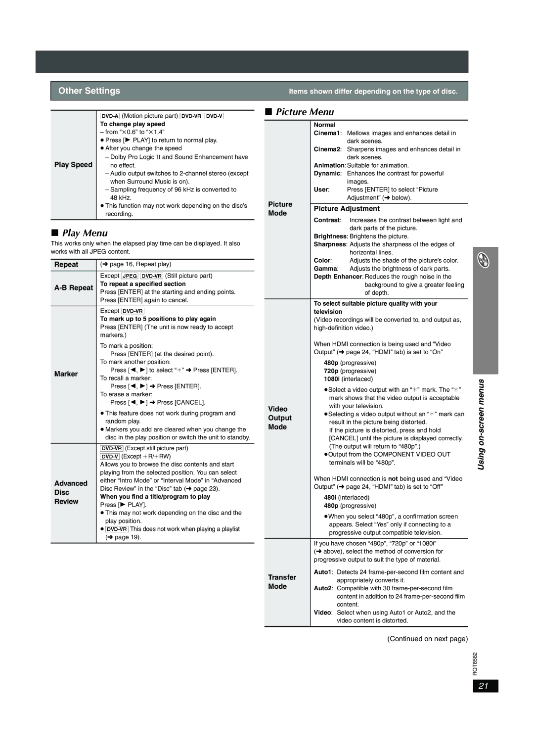 Panasonic SC-HT940, SC-HT740 operating instructions Picture Menu, Play Menu, Other Settings 