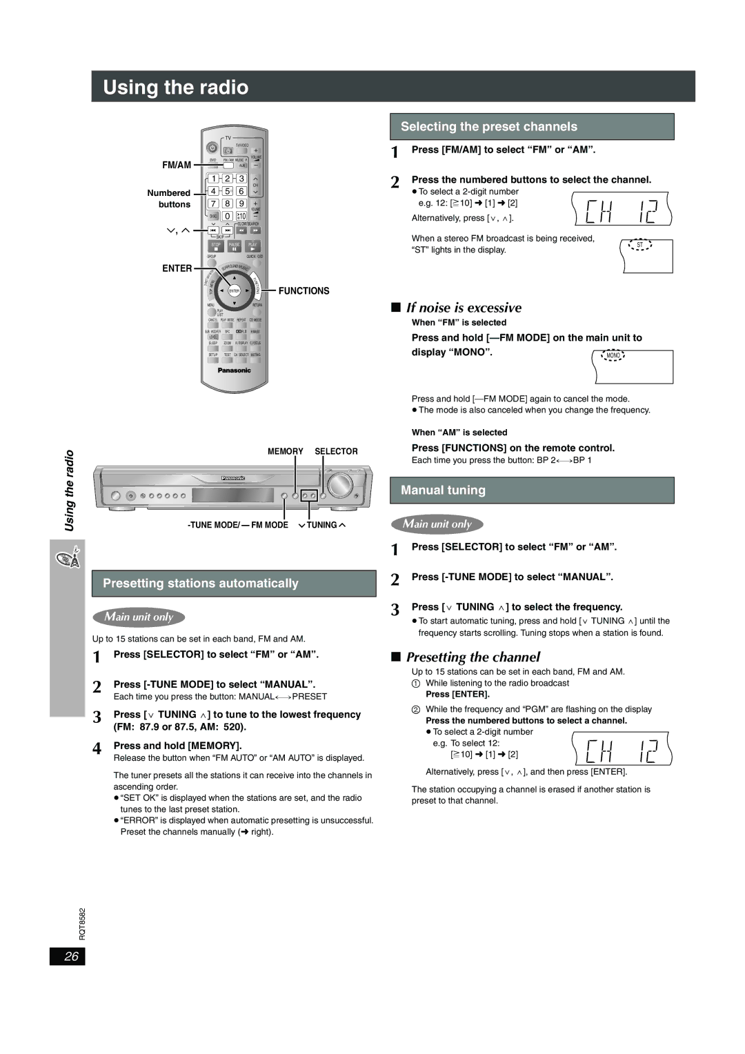 Panasonic SC-HT740, SC-HT940 operating instructions Using the radio, If noise is excessive, Presetting the channel 