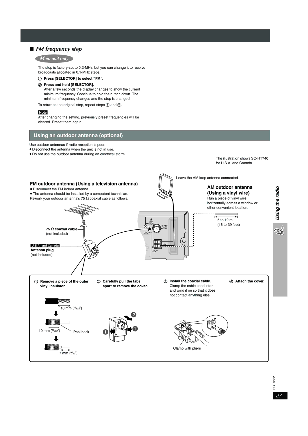 Panasonic SC-HT940 FM frequency step, Using an outdoor antenna optional, FM outdoor antenna Using a television antenna 