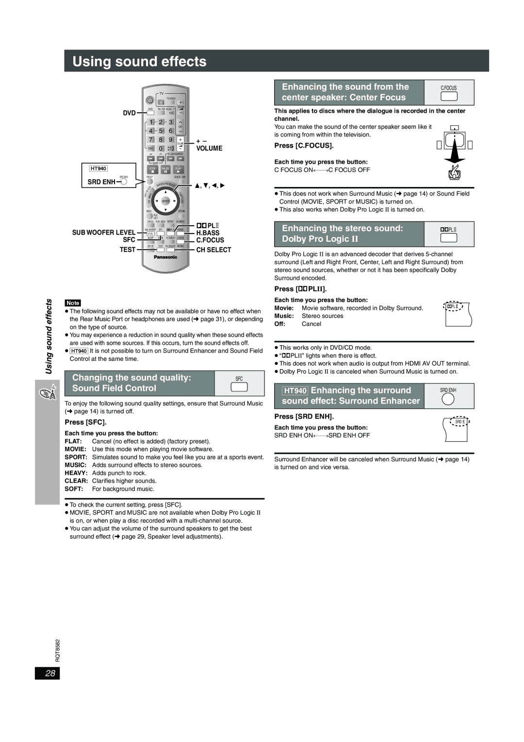 Panasonic SC-HT740, SC-HT940 operating instructions Using sound effects 