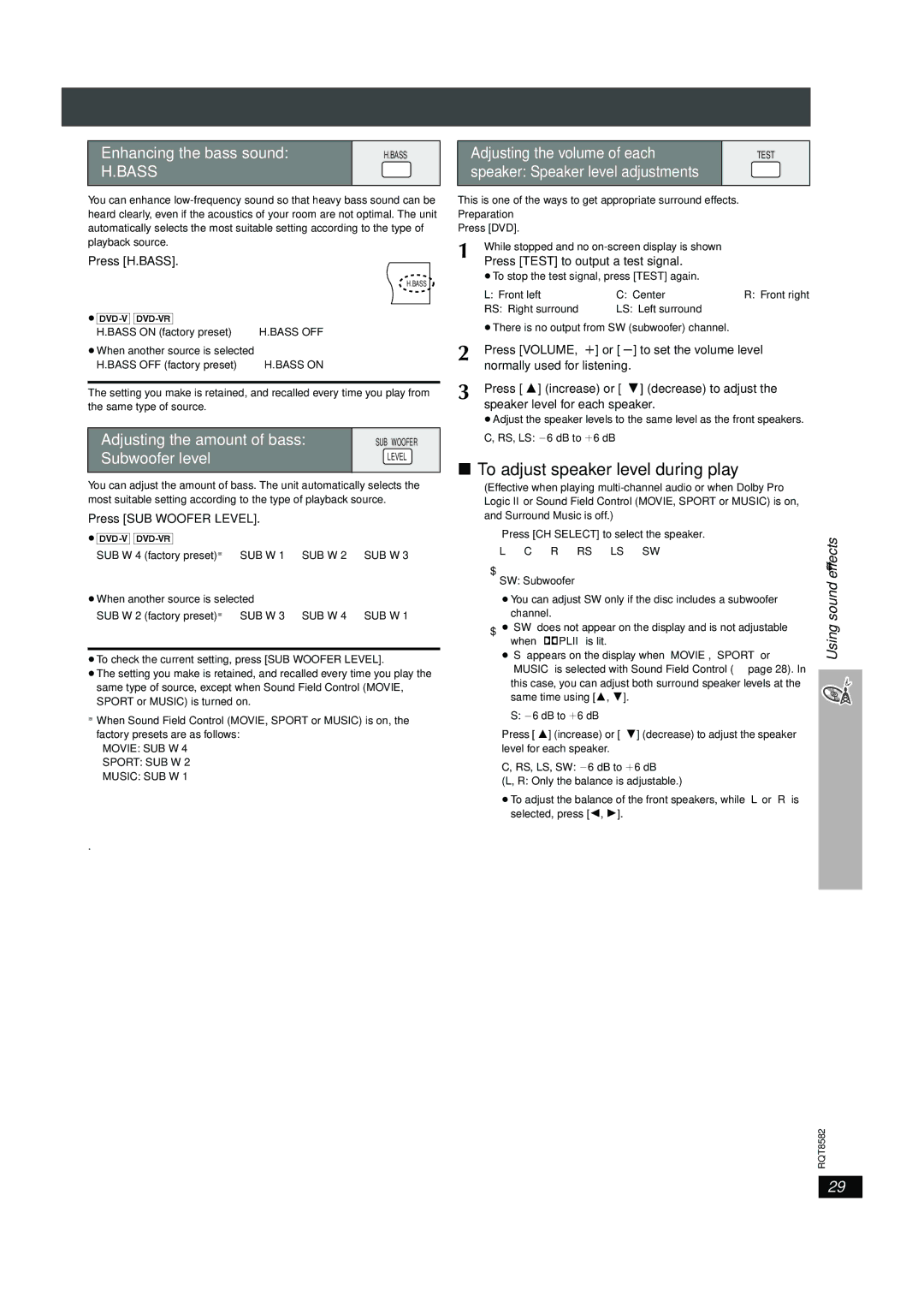 Panasonic SC-HT940, SC-HT740 To adjust speaker level during play, Enhancing the bass sound, Adjusting the amount of bass 