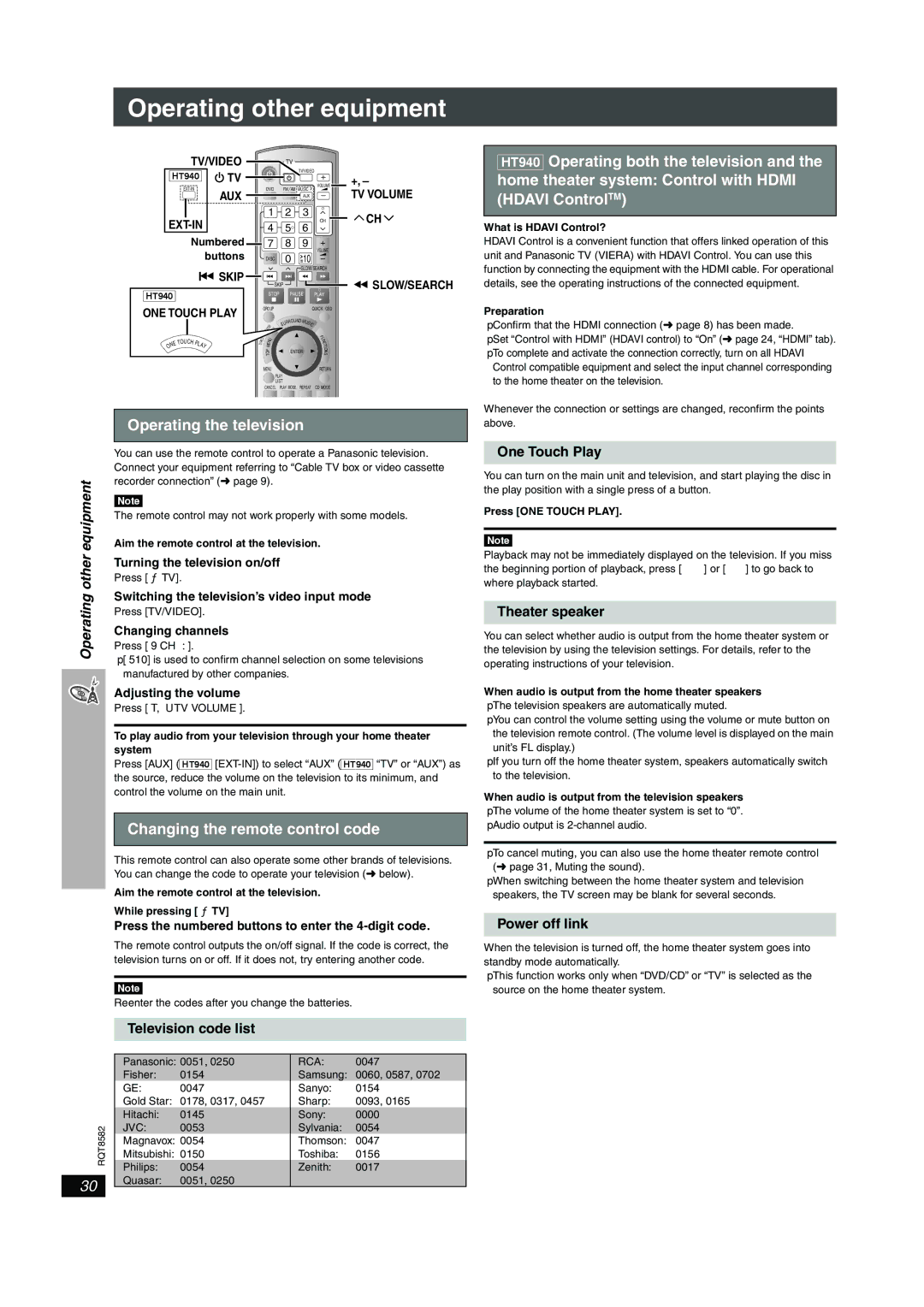 Panasonic SC-HT740, SC-HT940 Operating o ther equipment, Operating the television, Changing the remote control code 