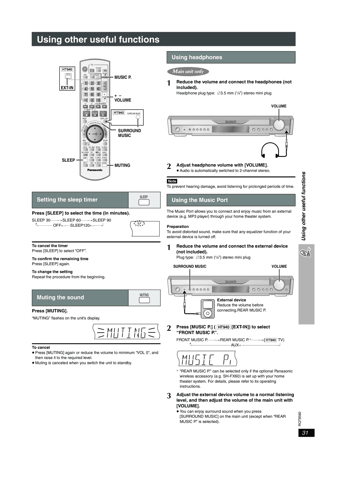 Panasonic SC-HT940, SC-HT740 Using headphones, Setting the sleep timer, Using the Music Port, Muting the sound 