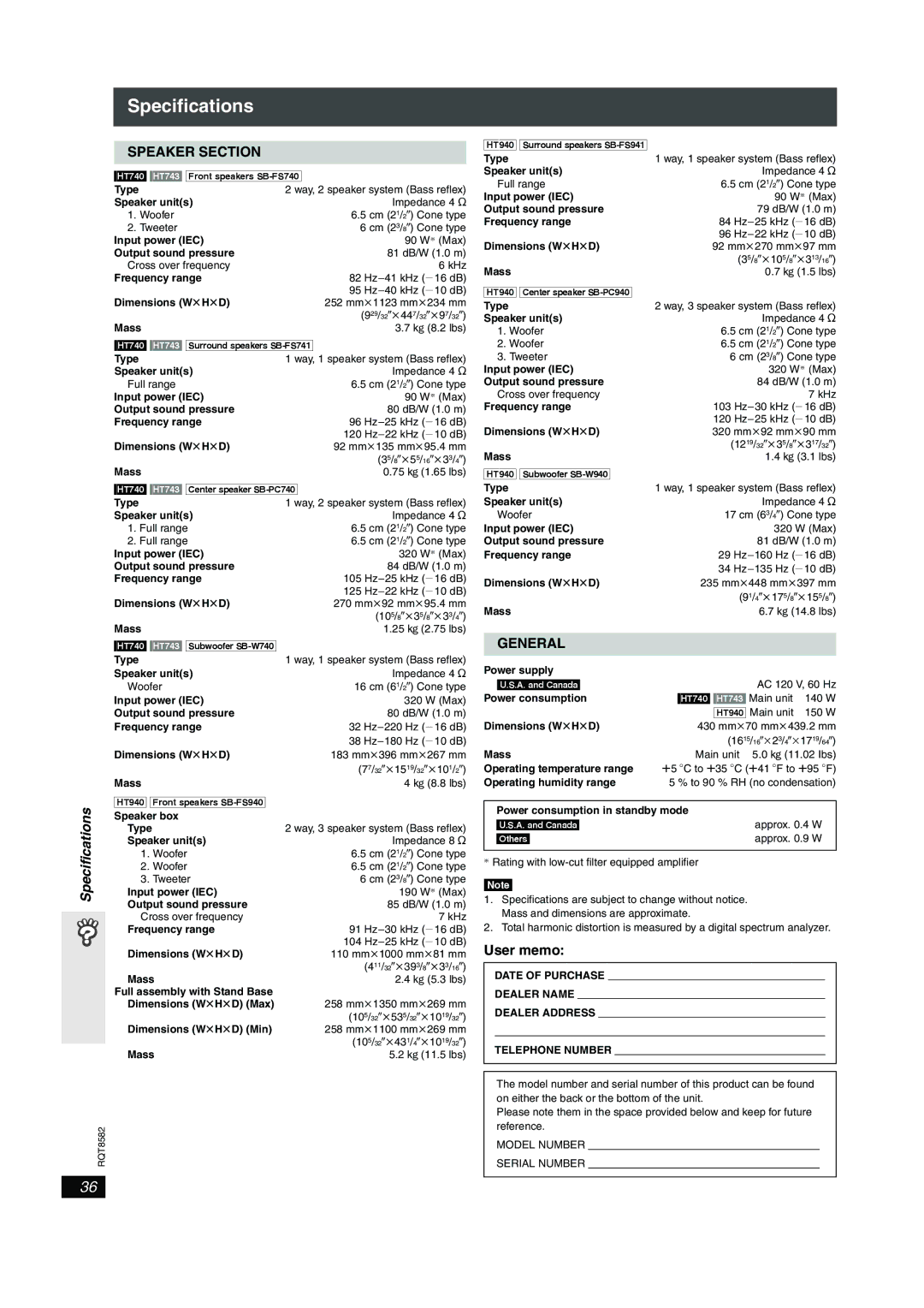 Panasonic SC-HT740, SC-HT940 operating instructions User memo 