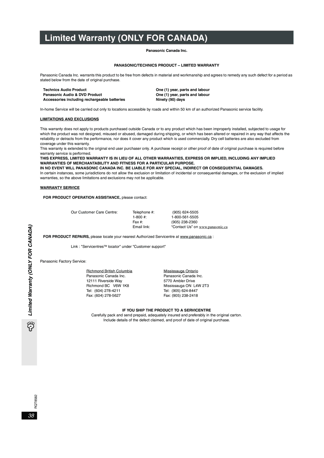 Panasonic SC-HT740, SC-HT940 operating instructions Limited Warranty only for Canada 