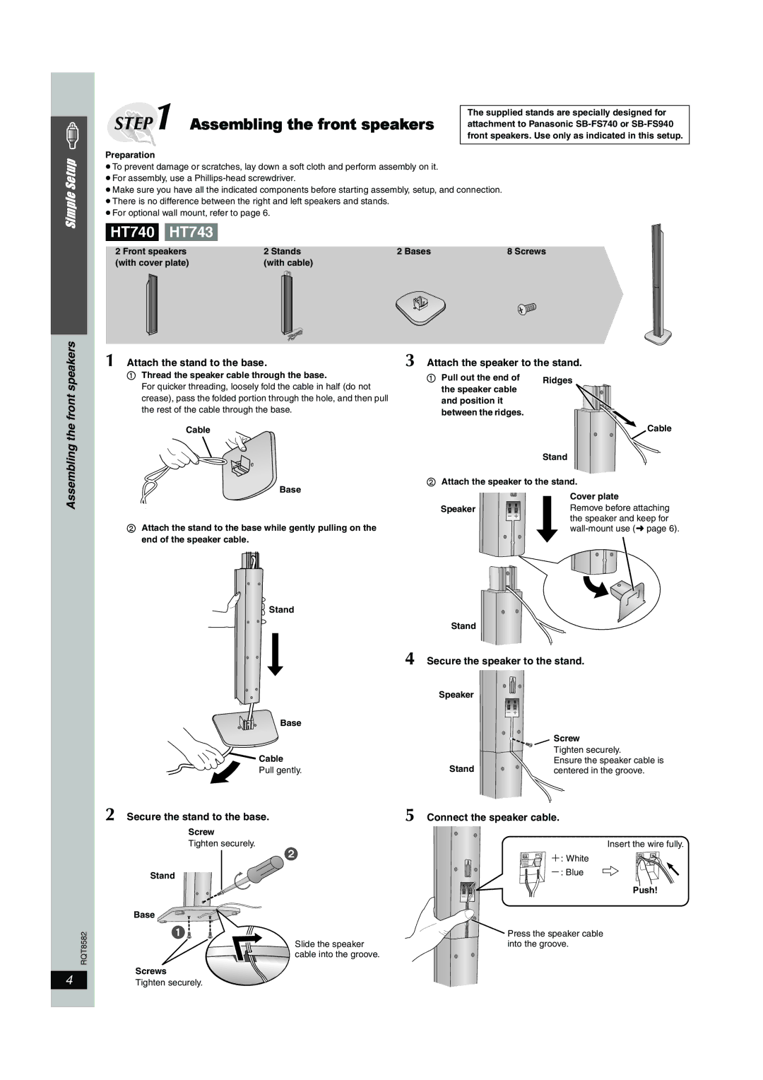 Panasonic SC-HT740, SC-HT940 operating instructions Assembling the front speakers 