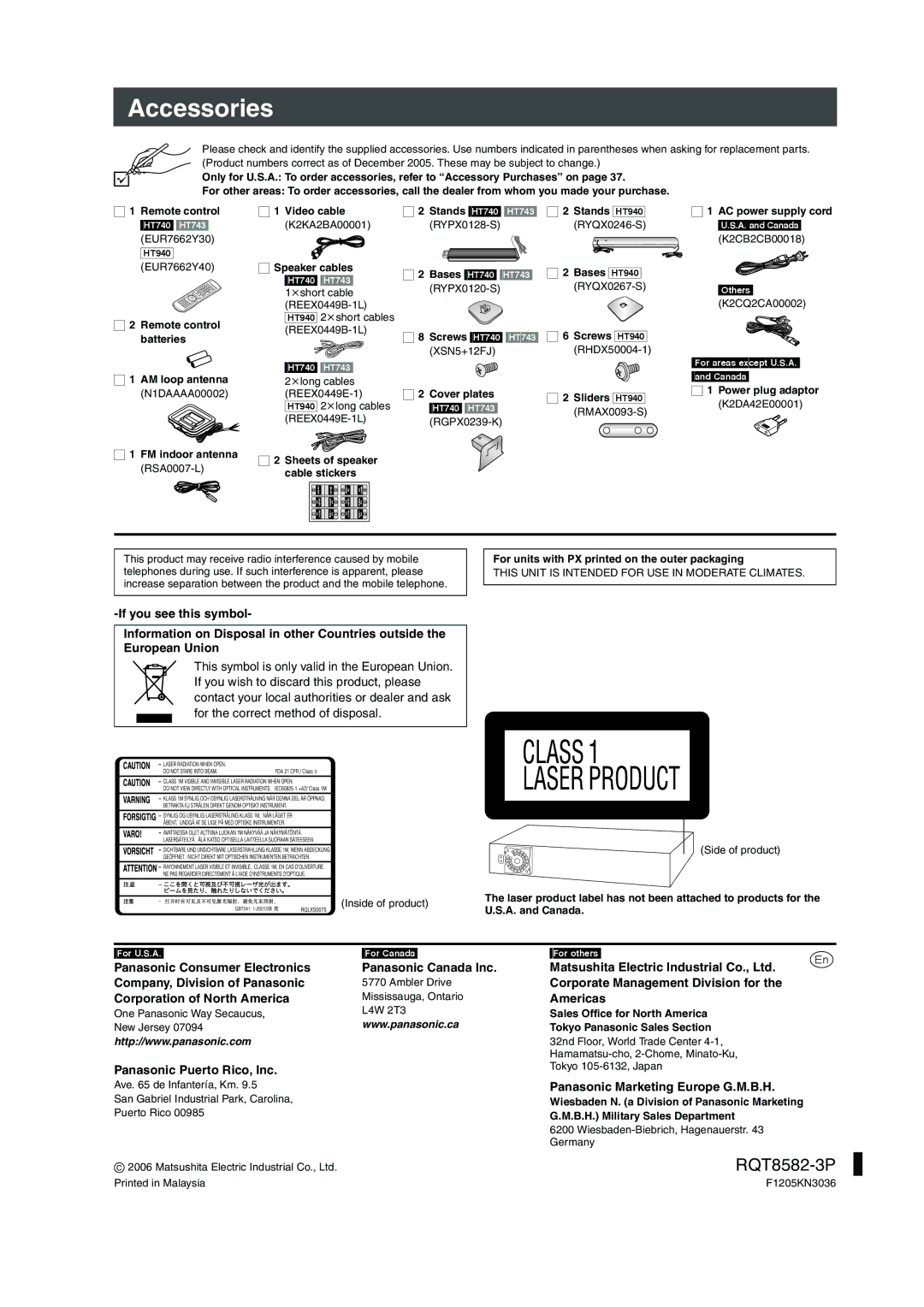 Panasonic SC-HT740, SC-HT940 Accessories, Americas, Panasonic Puerto Rico, Inc, Panasonic Marketing Europe G.M.B.H 