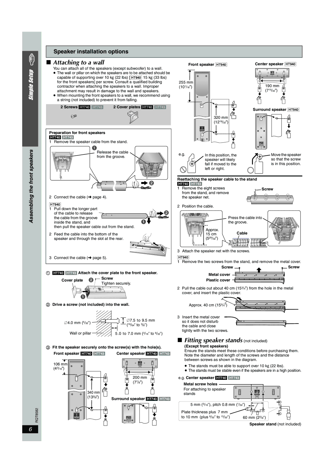 Panasonic SC-HT740, SC-HT940 operating instructions Attaching to Wall, Fitting speaker stands not included, Assembling 