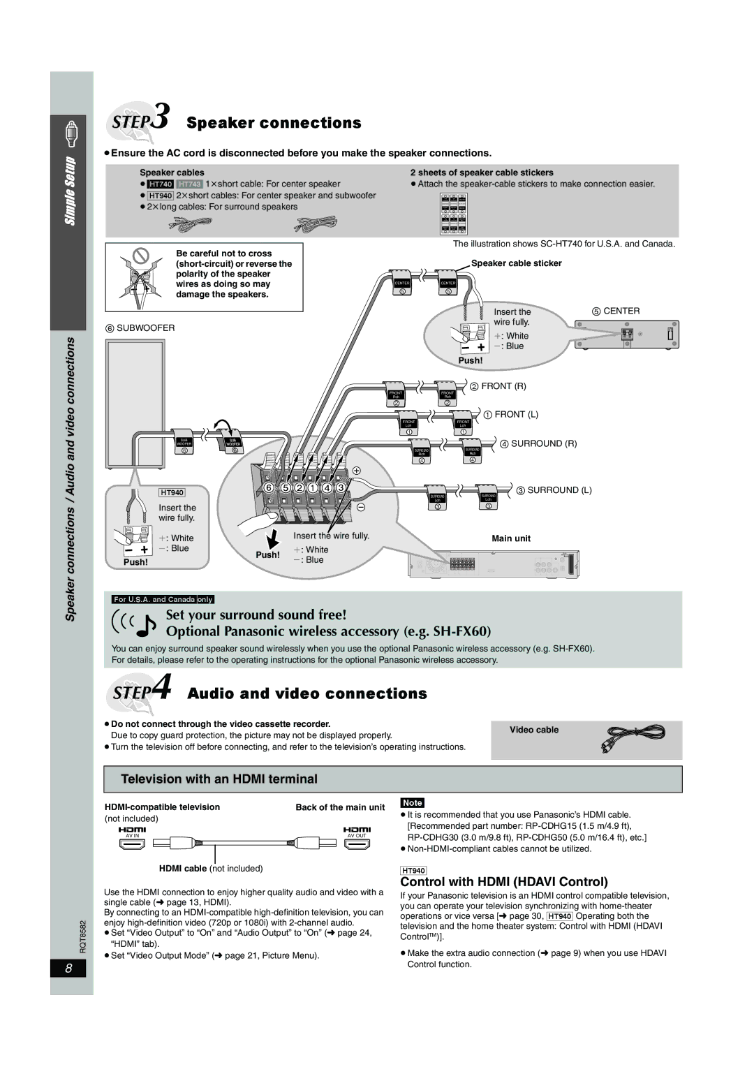 Panasonic SC-HT740, SC-HT940 operating instructions Speaker cable sticker 