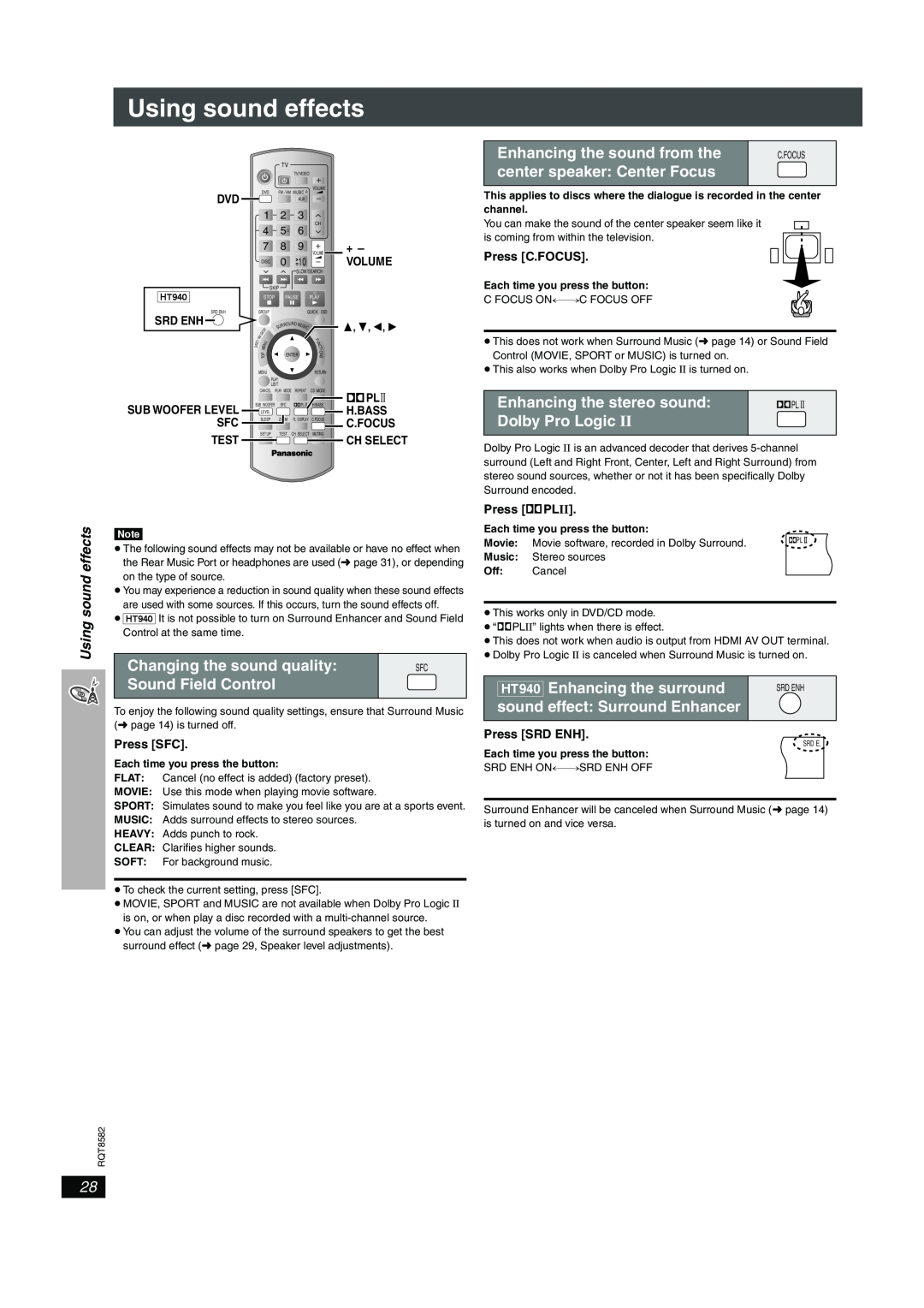 Panasonic SC-HT740 Using sound effects, Changing the sound quality, Sound Field Control, Enhancing the sound from the 
