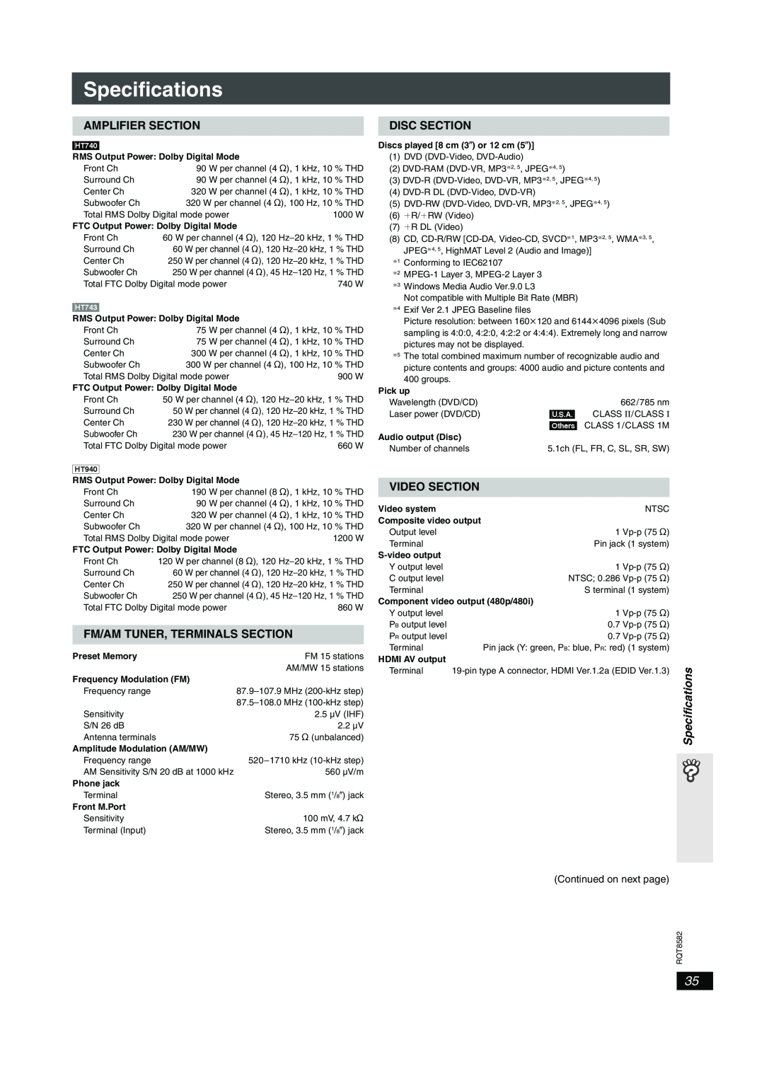 Panasonic SC-HT940 Specifications, HT740 &940En.bookPage35Friday,February24,2006, Amplifier Section, Disc Section, 7 47PM 