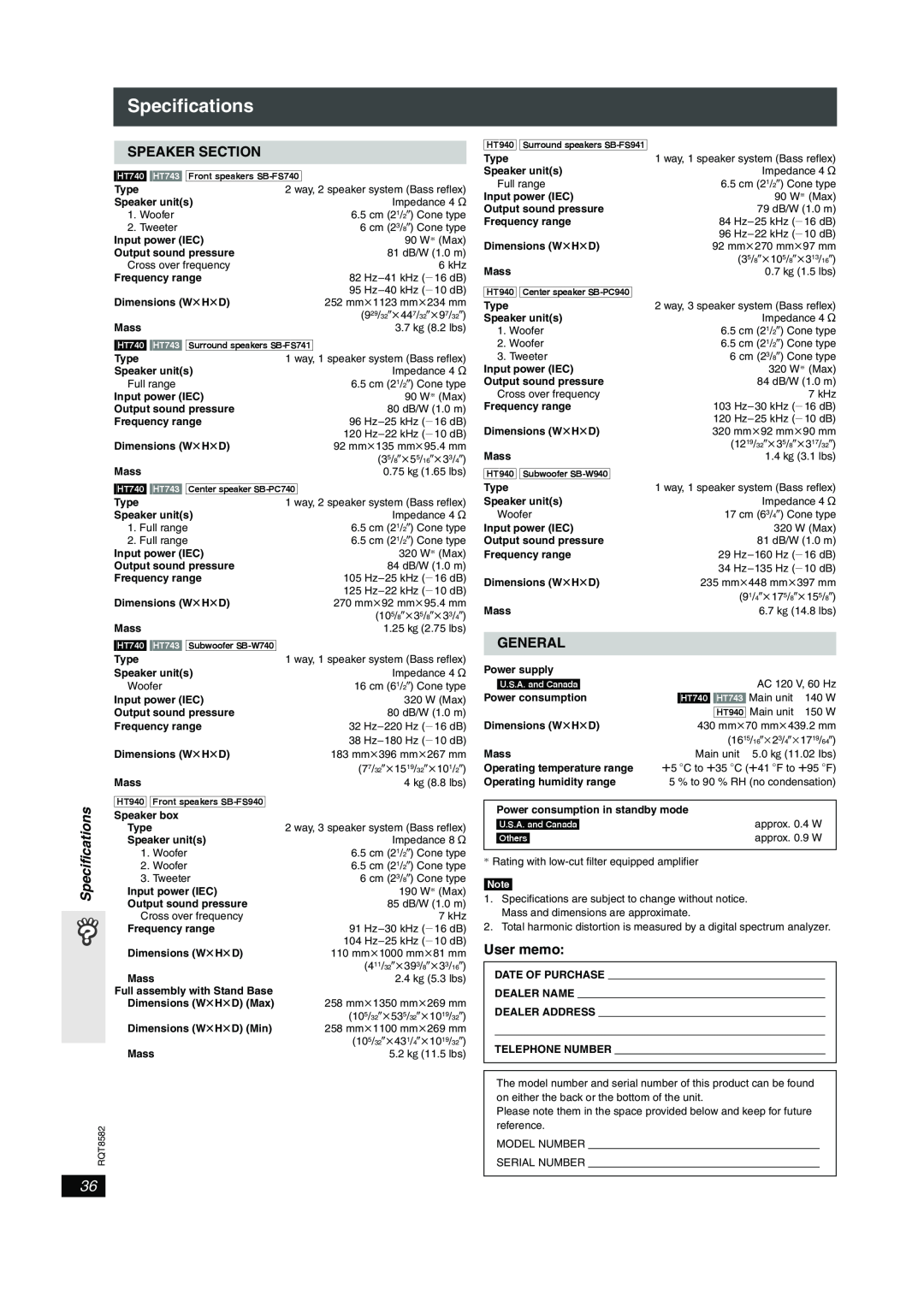 Panasonic SC-HT740, SC-HT940 operating instructions Specifications, Speaker Section, General, User memo 