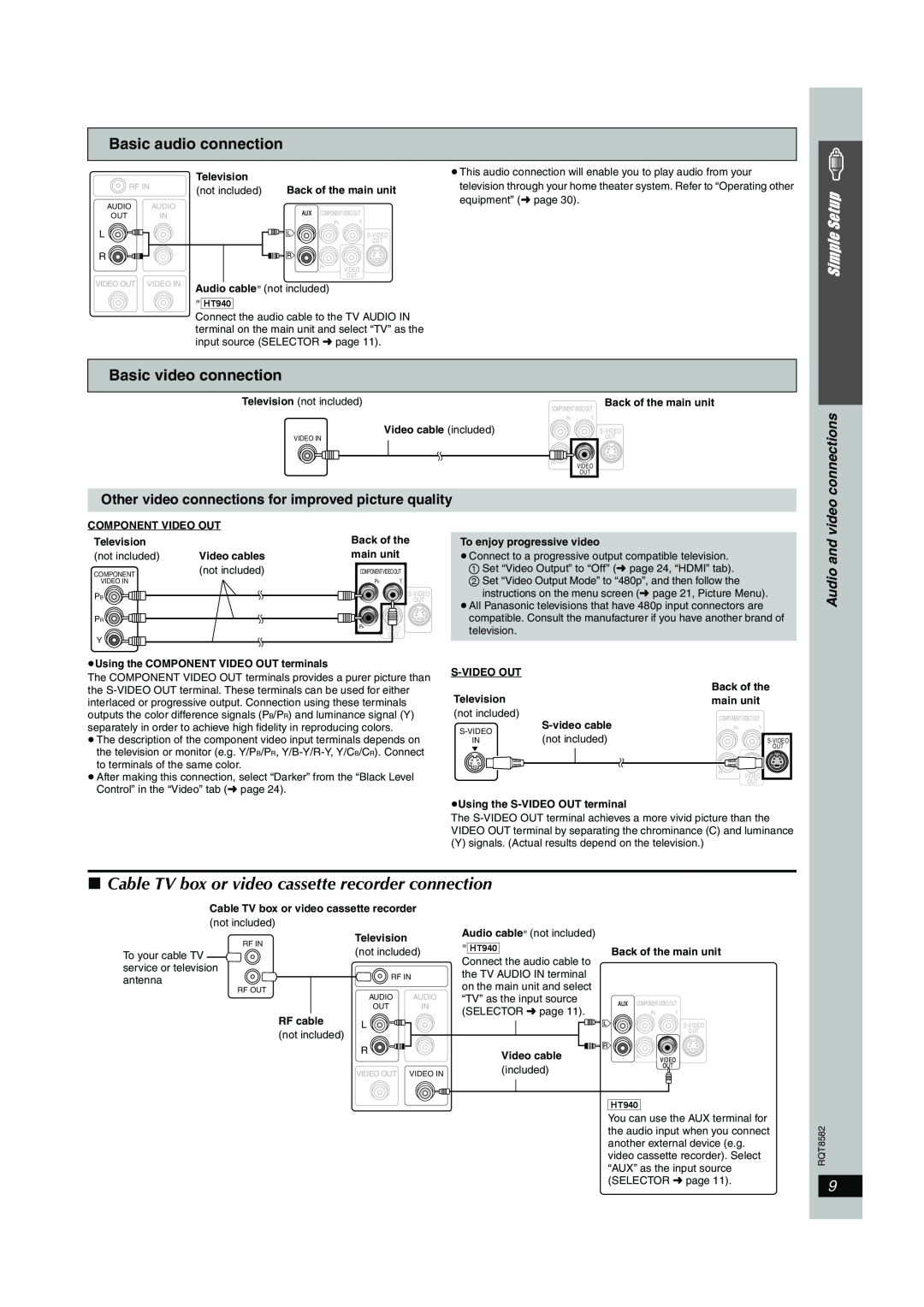 Panasonic SC-HT940 Basic audio connection, Basic video connection, Page9Friday,February24,20068 41PM, video connections 