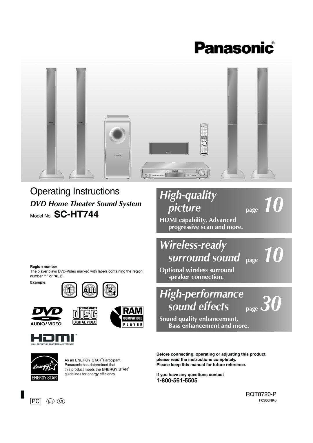 Panasonic SC-HT744 operating instructions Region number, Example, F0306NK0 