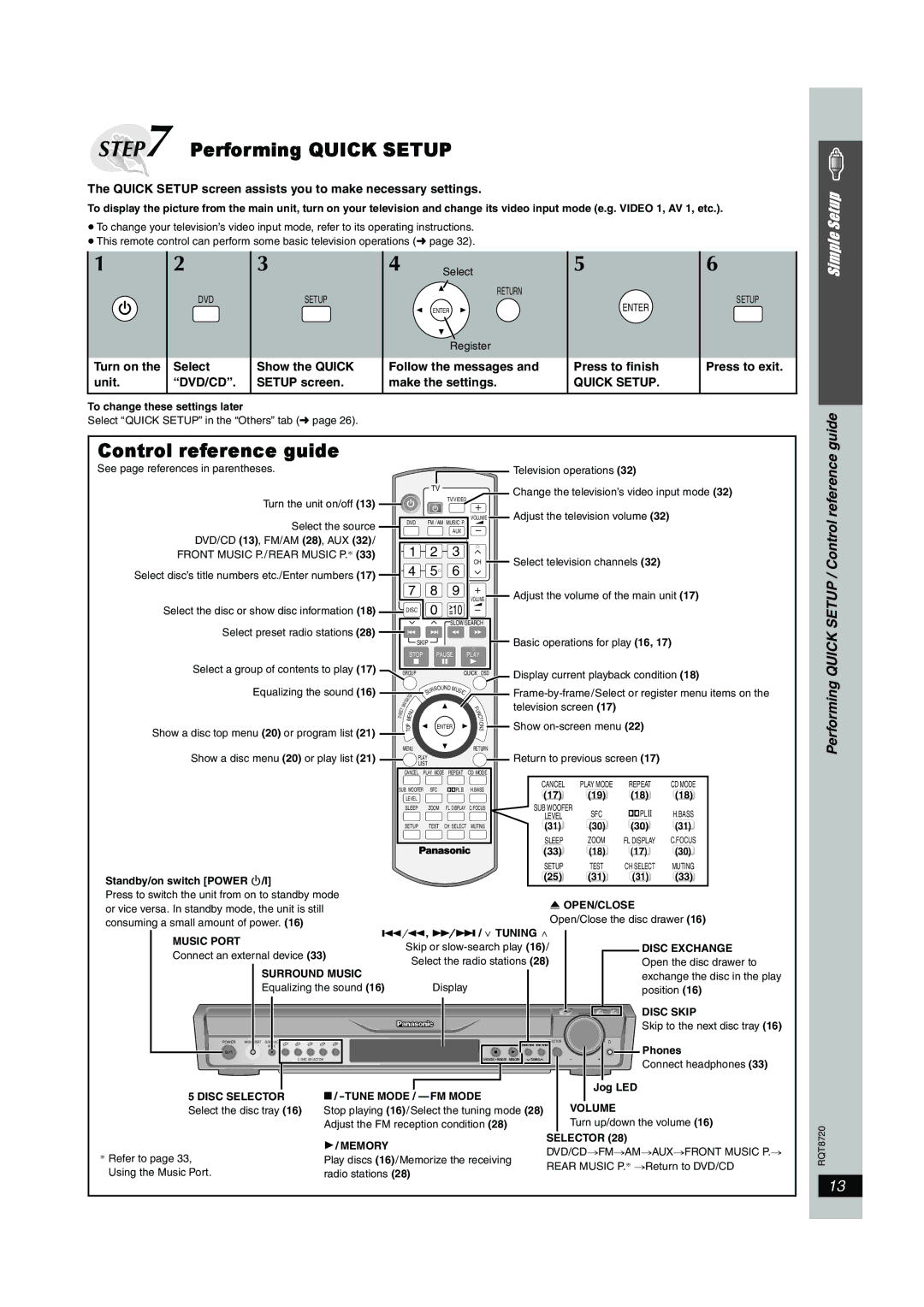 Panasonic SC-HT744 operating instructions Performing Quick Setup / Control reference guide 