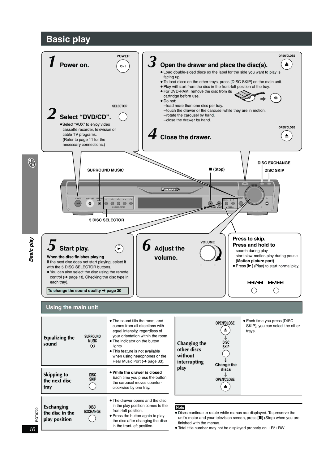 Panasonic SC-HT744 operating instructions Basic play, Using the main unit, Press to skip Press and hold to 