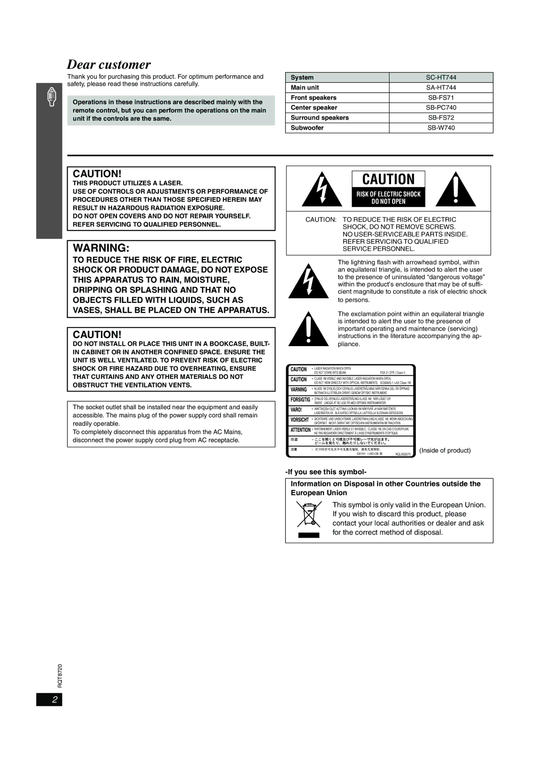 Panasonic SC-HT744 operating instructions SB-FS71, Center speaker SB-PC740 Surround speakers, SB-FS72, Subwoofer SB-W740 