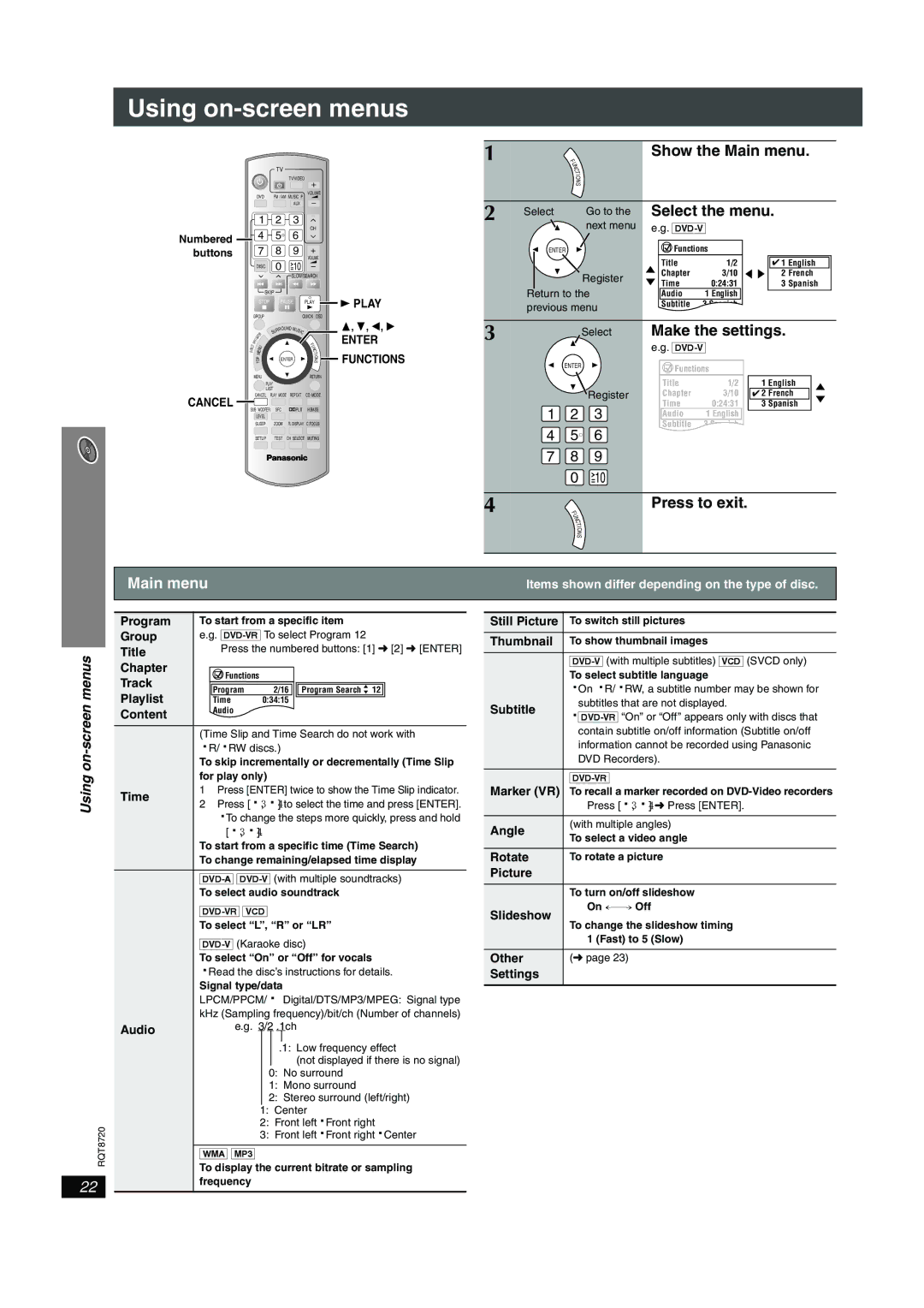 Panasonic SC-HT744 operating instructions Using on-screen menus, Main menu 