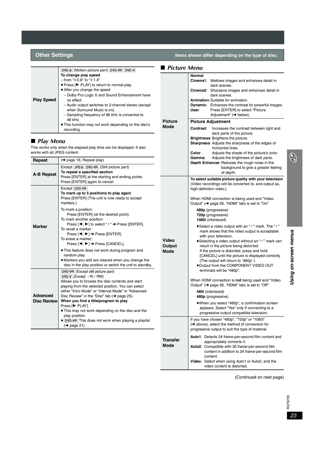 Panasonic SC-HT744 operating instructions Picture Menu, Play Menu, Other Settings 