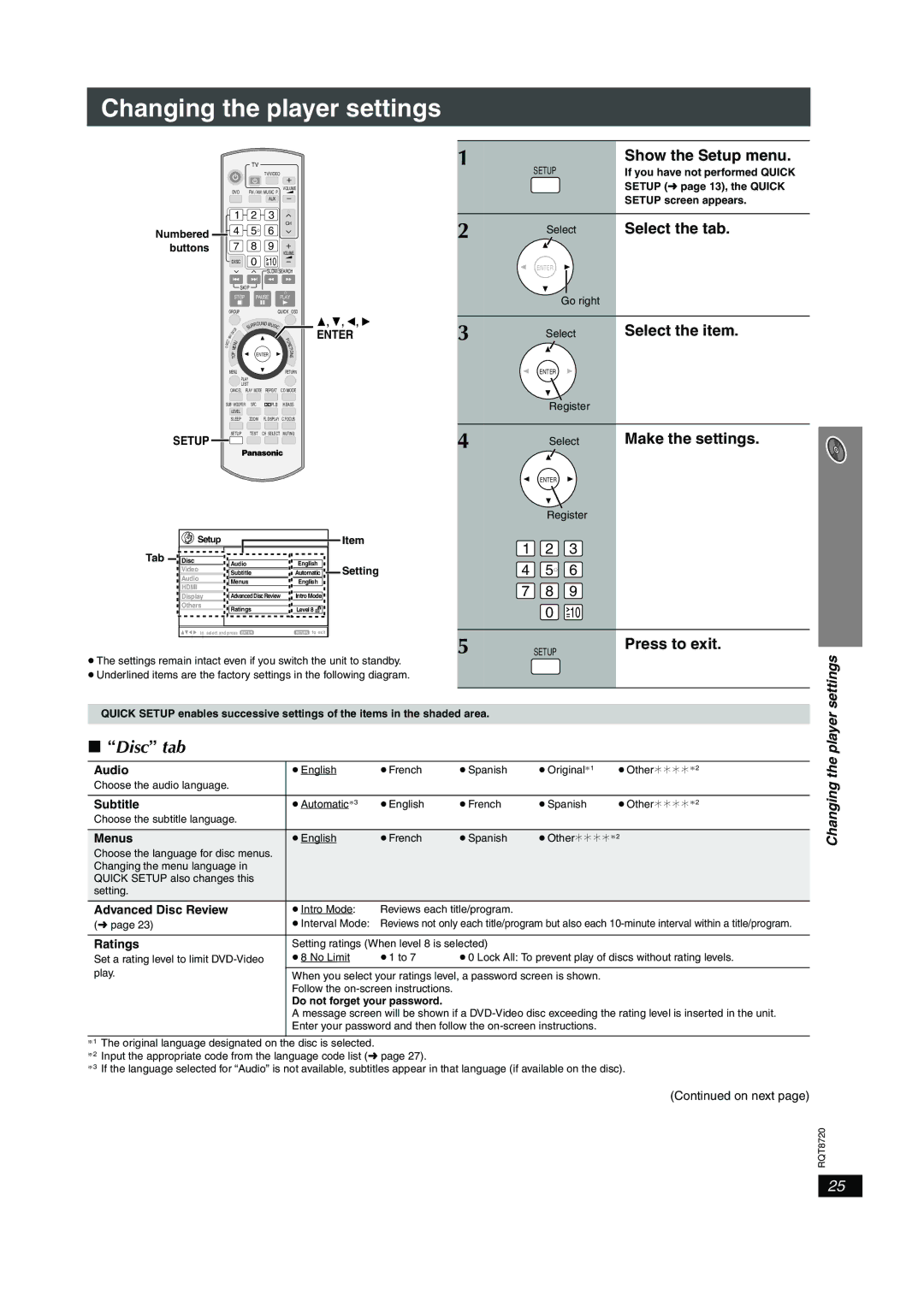 Panasonic SC-HT744 operating instructions Changing the player settings, Disc tab 