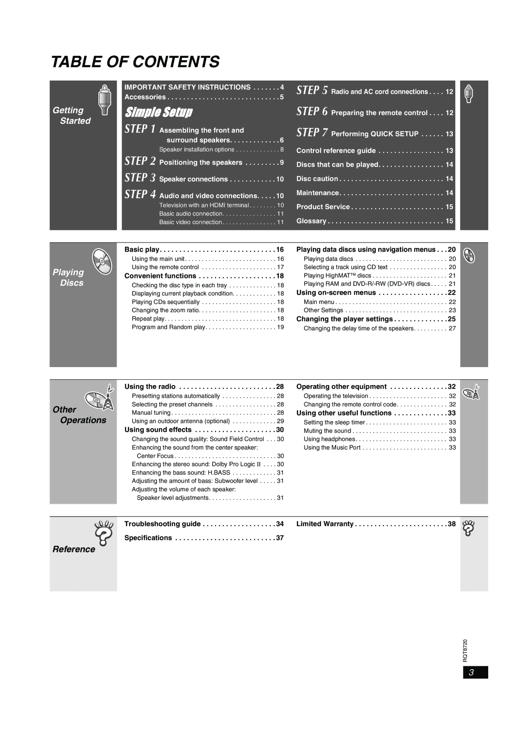 Panasonic SC-HT744 operating instructions Table of Contents 