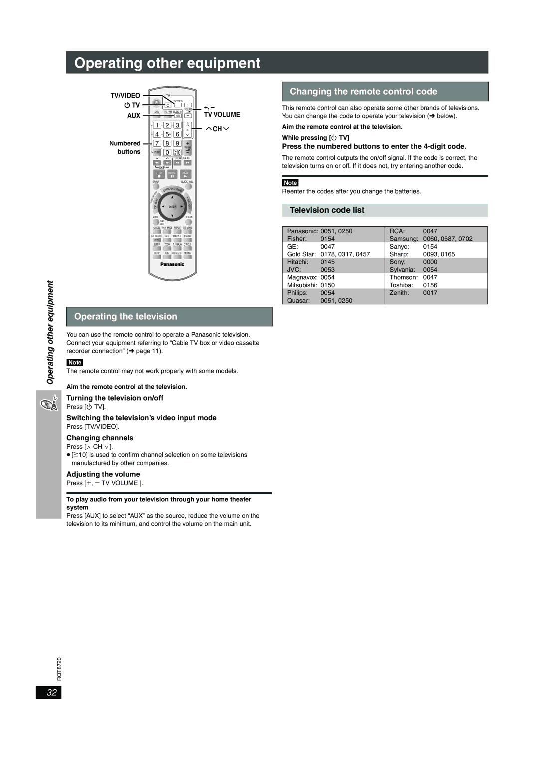 Panasonic SC-HT744 Operating other equipment, Operating the television, Changing the remote control code 