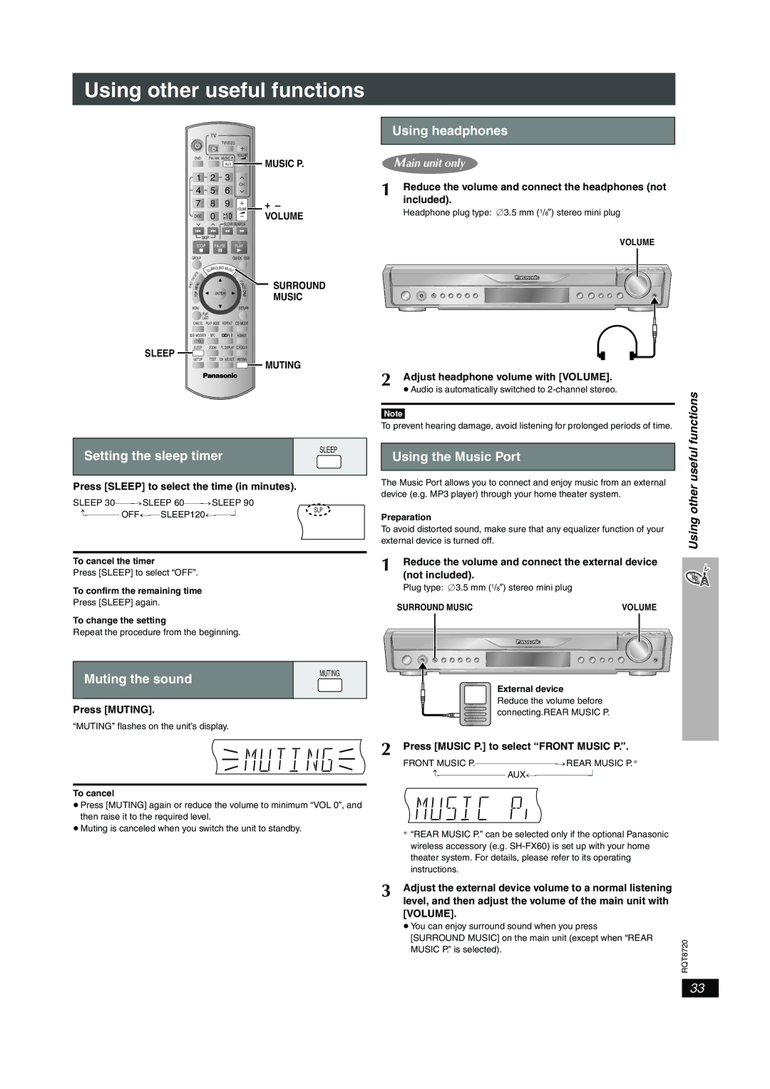 Panasonic SC-HT744 Using other useful functions, Using headphones, Setting the sleep timer, Muting the sound 