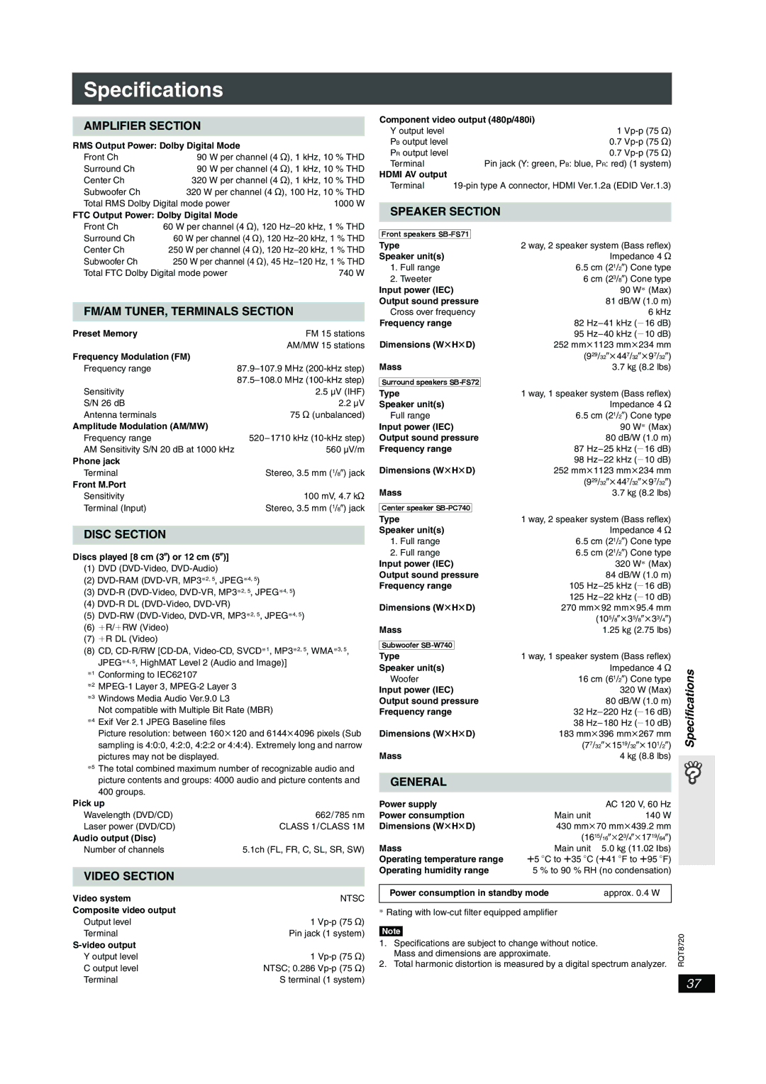 Panasonic SC-HT744 operating instructions Specifications 