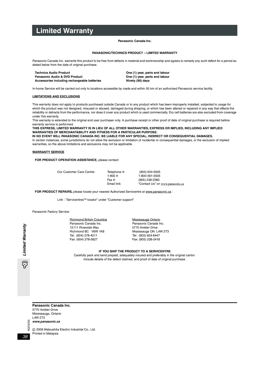 Panasonic SC-HT744 operating instructions Limited Warranty, Panasonic Canada Inc 