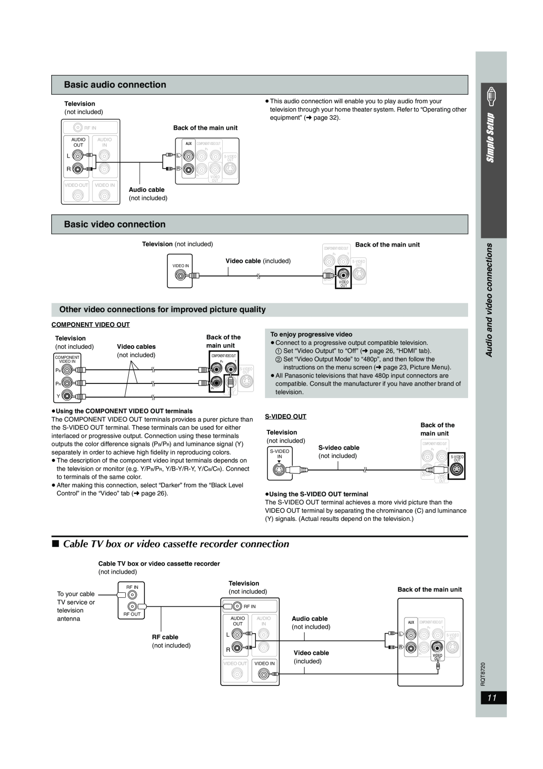 Panasonic SC-HT744 Basic audio connection, Basic video connection, and video connections, Audio, Simple Setup 