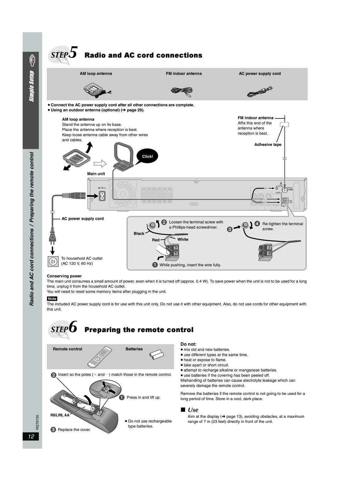 Panasonic SC-HT744 Radio and AC cord connections, Preparing the remote control, Use, Simple Setup, Do not 