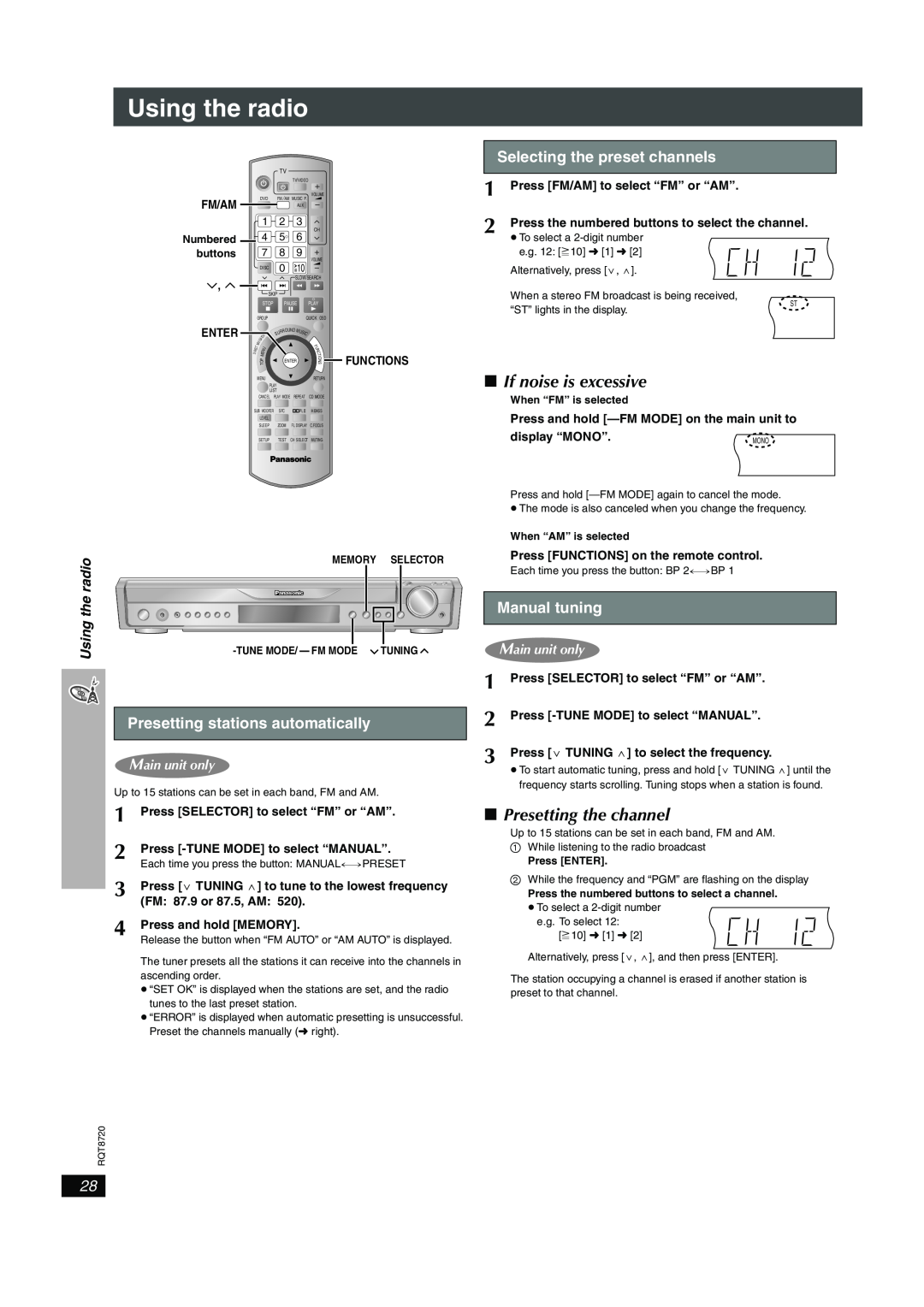 Panasonic SC-HT744 Using the radio, If noise is excessive, Presetting the channel, Presetting stations automatically 