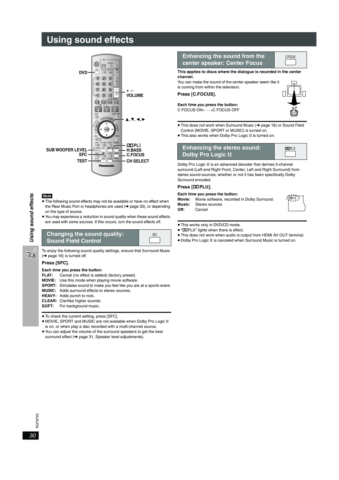 Panasonic SC-HT744 Using sound effects, Changing the sound quality, Sound Field Control, Enhancing the sound from the 
