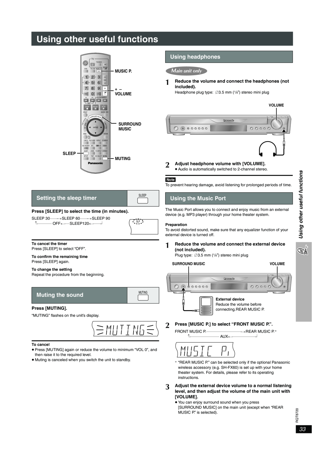 Panasonic SC-HT744 Using other useful functions, Using headphones, Setting the sleep timer, Muting the sound, Press MUTING 