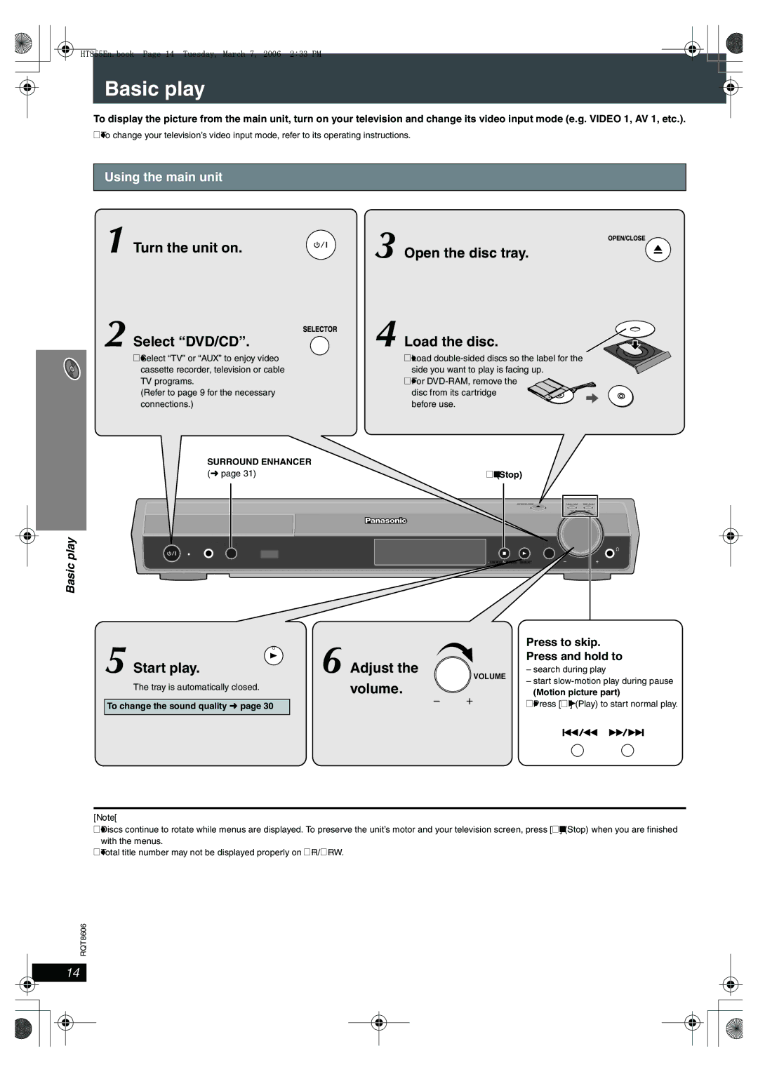 Panasonic SC-HT855 manual Basic play, Using the main unit, Press to skip Press and hold to 