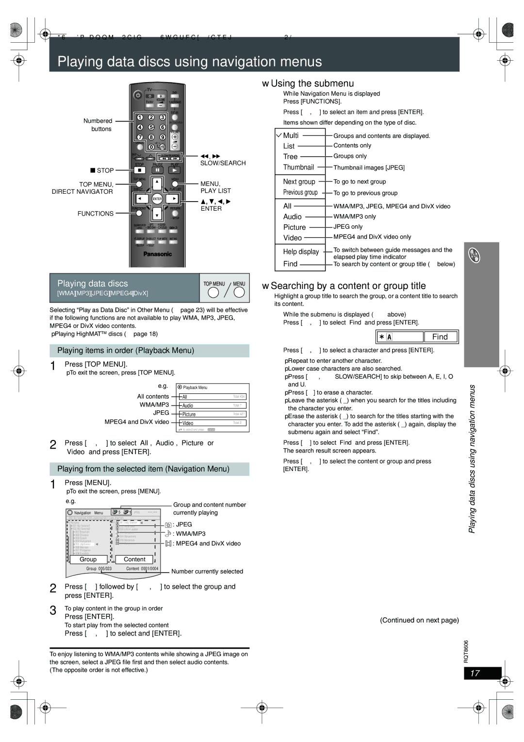 Panasonic SC-HT855 Playing data discs using navigation menus, Using the submenu, Searching by a content or group title 