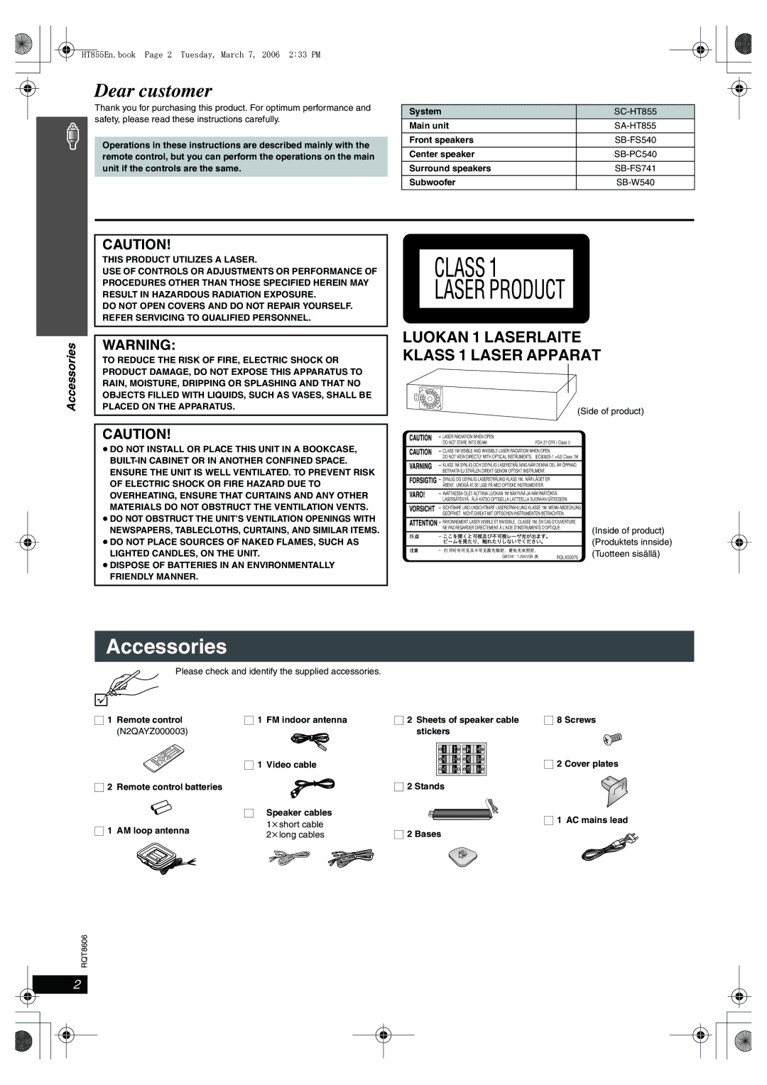 Panasonic SC-HT855 manual Accessories, ∏ 1 Remote control ∏ 1 FM indoor antenna, ∏ 2 Sheets of speaker cable stickers 