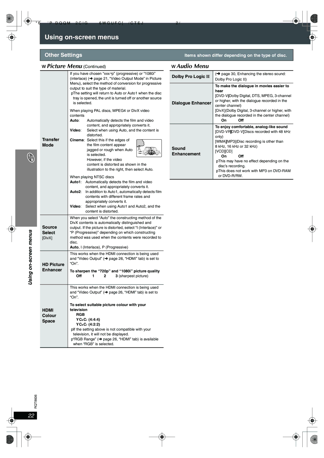 Panasonic SC-HT855 manual Audio Menu 