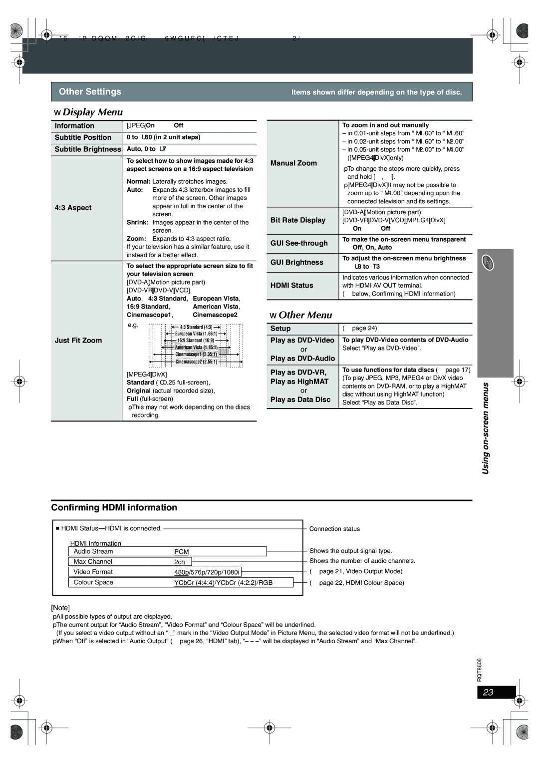 Panasonic SC-HT855 manual Display Menu, Other Menu 