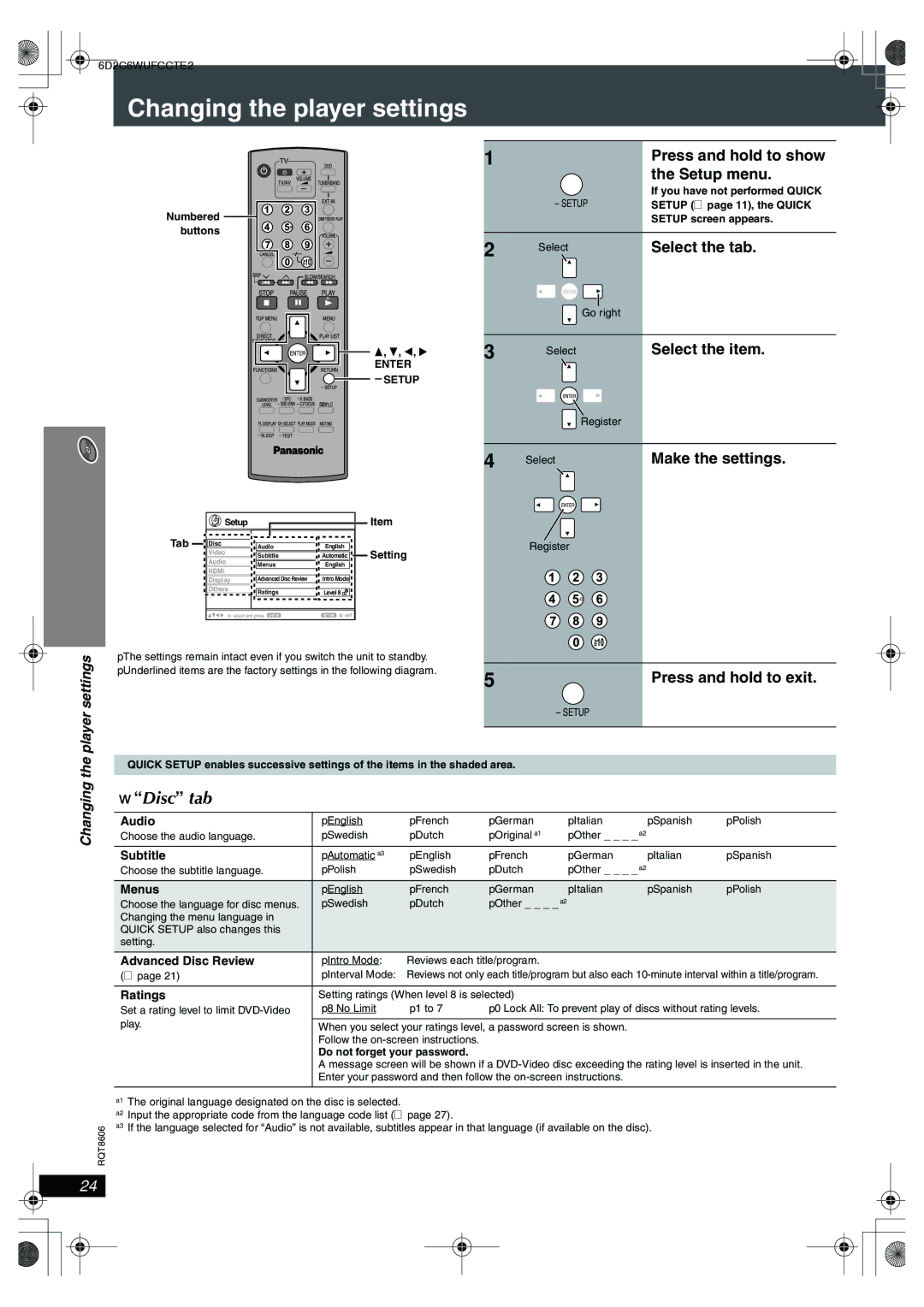 Panasonic SC-HT855 manual Changing the player settings, Disc tab, Player settings 