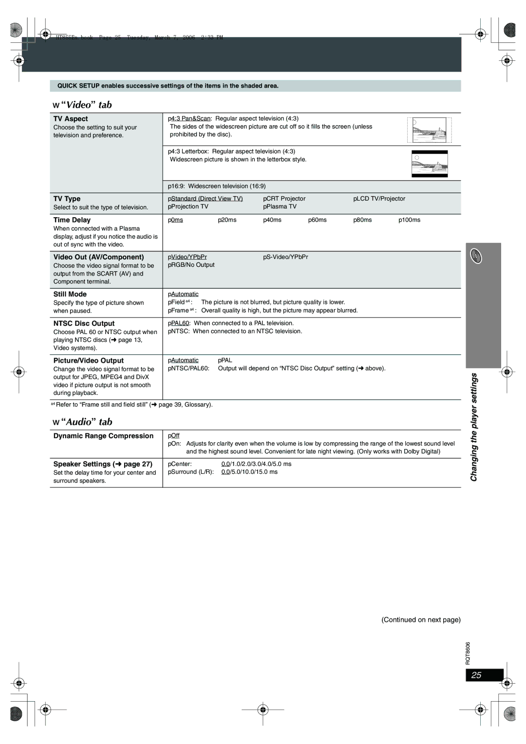 Panasonic SC-HT855 manual Video tab, Audio tab, Changing the player settings 